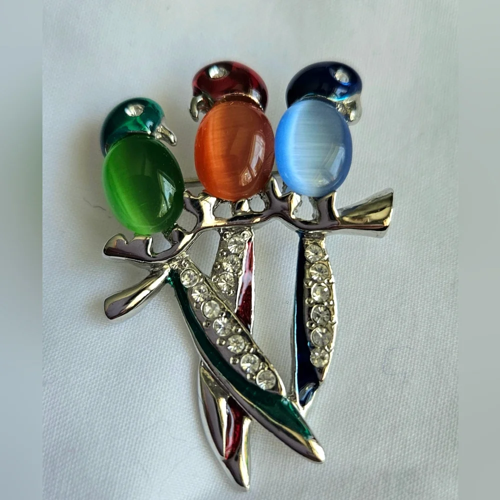 Vintage Jelly Belly And Rhinestones Parrots On A Branch Brooch Silvertone EUC - Picture 7 of 7